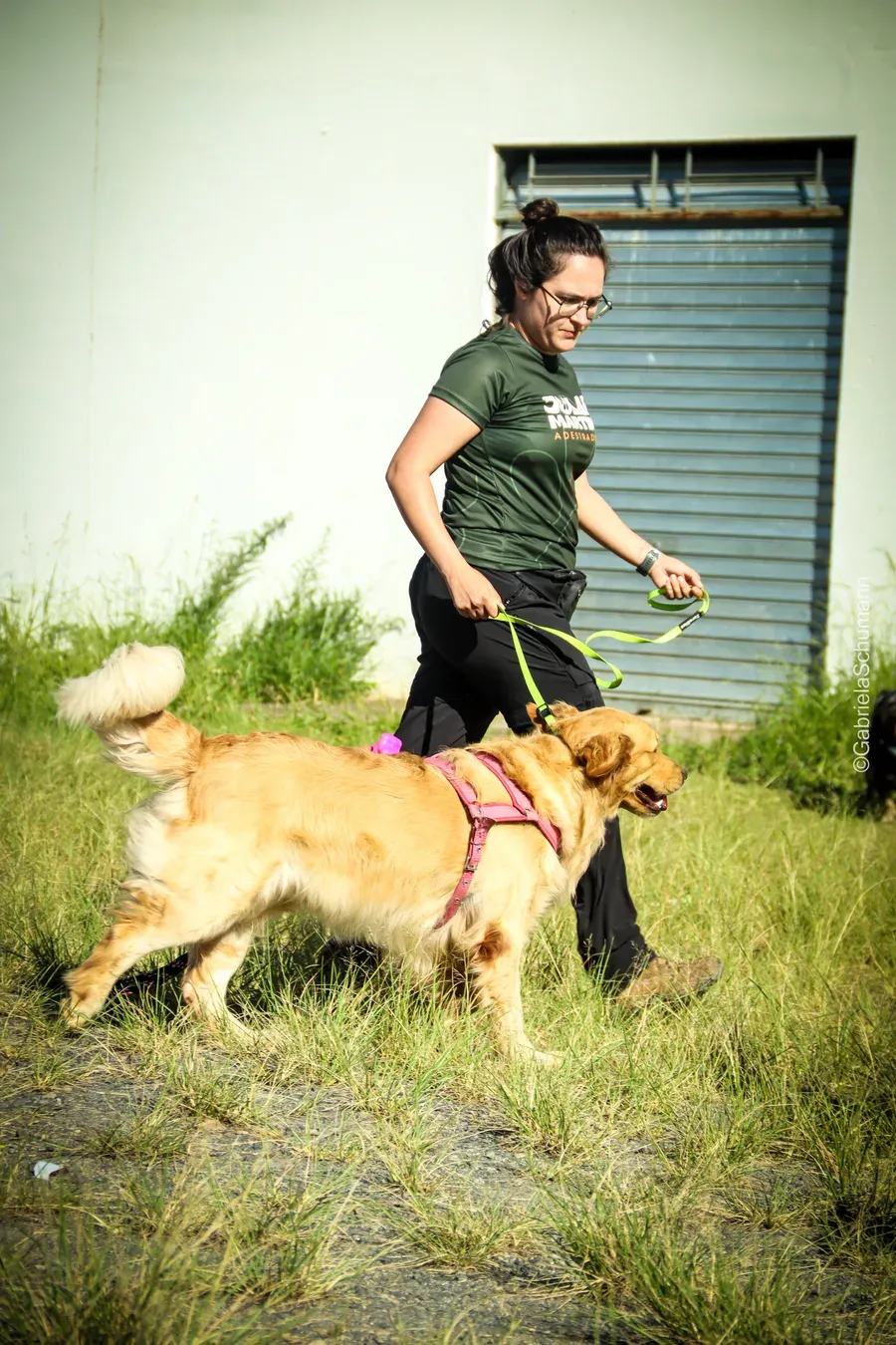 Júlia conduzindo um cão no passeio